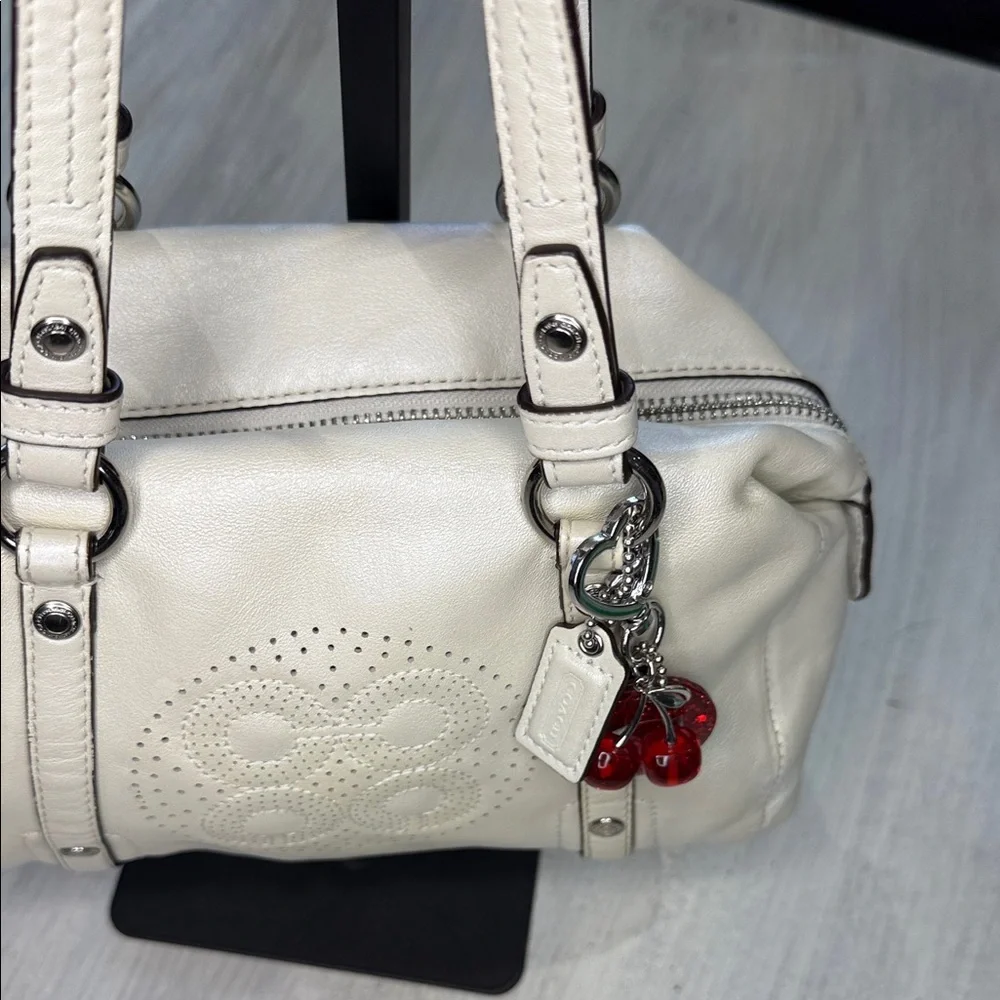 Coach Metallic Cream Perforated Opt Art Mini Satchel with Charm